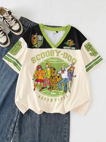 SCOOBY-DOO X SHEIN 大尺碼時尚卡通印花條紋拼接配色短袖T恤 - 綠色 - 查看 1