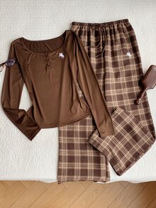 Comfortcana Women's Knight Embroidery Long Sleeve T-Shirt And Plaid Pants Casual 2 Pieces Set - Brown - View 5