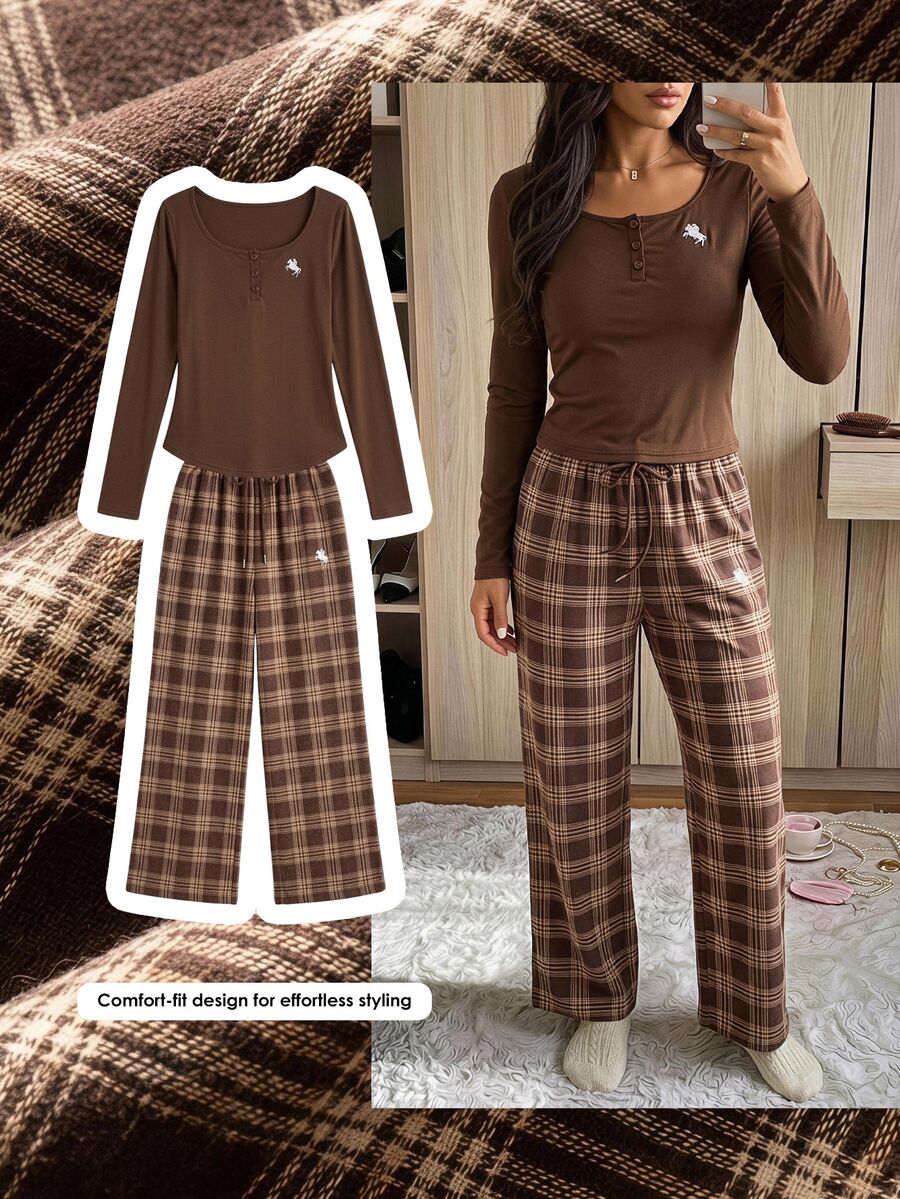 Comfortcana Women's Knight Embroidery Long Sleeve T-Shirt And Plaid Pants Casual 2 Pieces Set - Brown - View 1