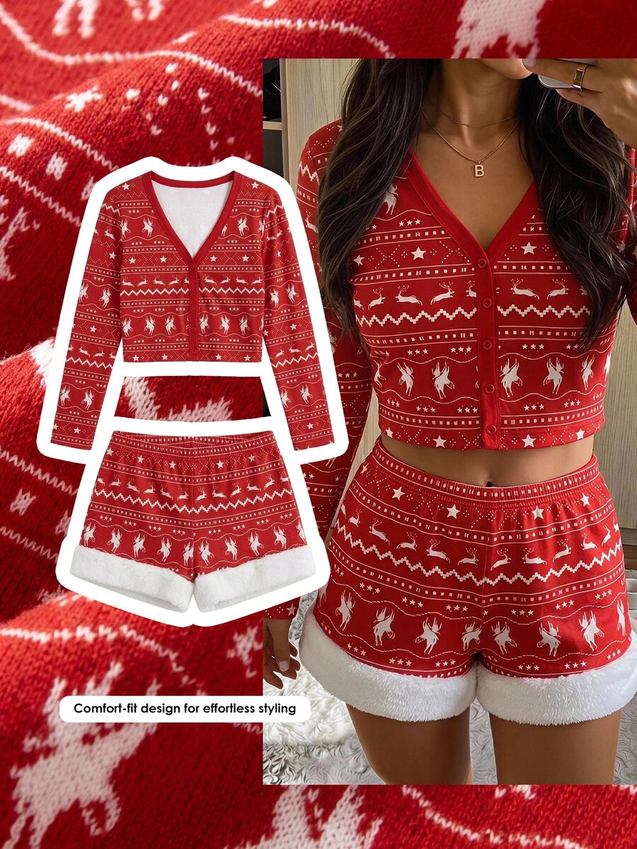 Comfortcana Women's V-Neck All-Over Print Long Sleeve Top And Shorts Casual Daily 2 Pieces Set - Red - View 1