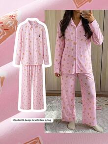 Comfortcana Women's New Pink Embroidered Loose Shirt And Pants Set Christmas Lounge Sleep Fall Graphic Cute - Pink - View 8