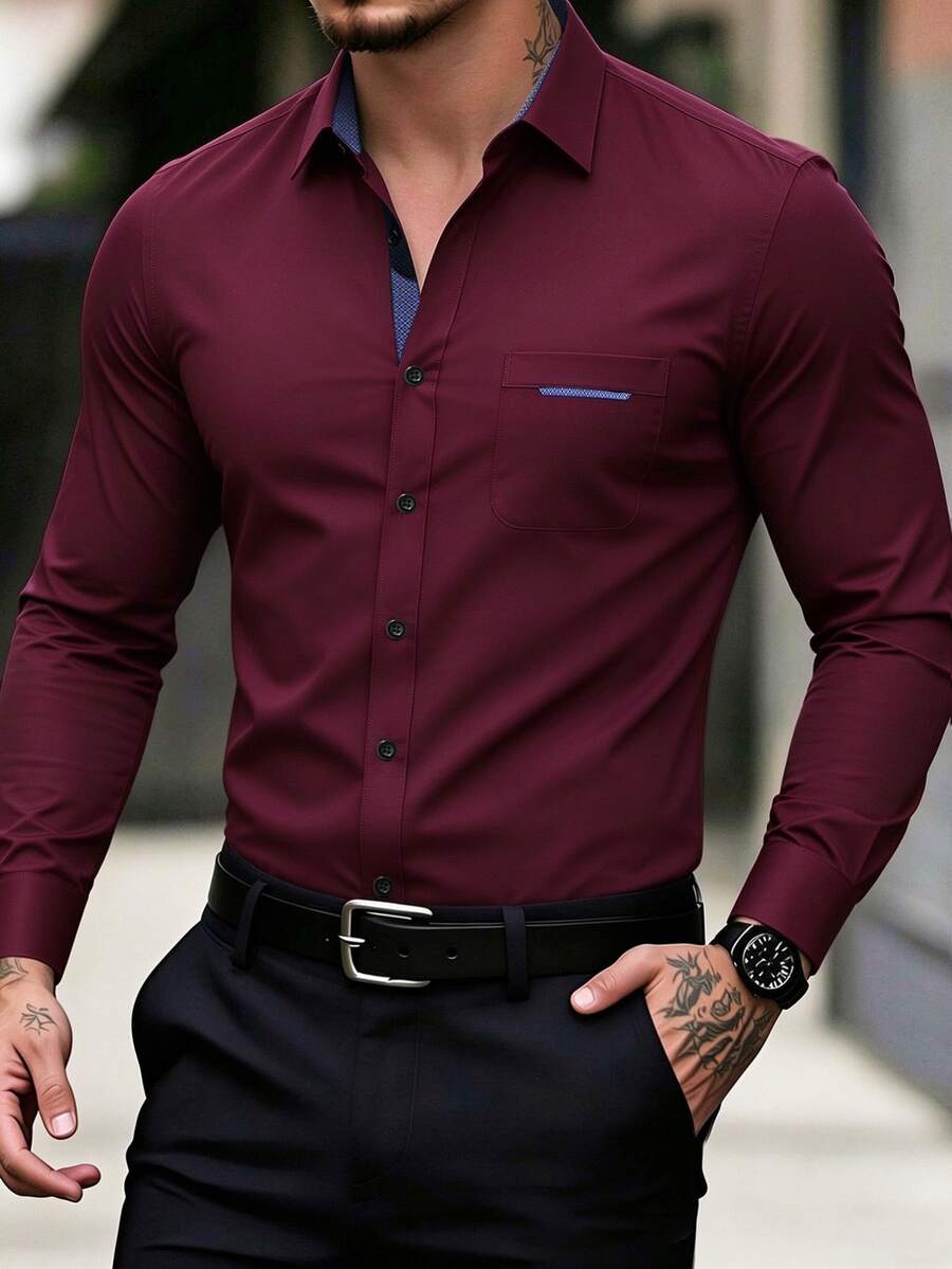 Manfinity Mode Manfinity Casual Cool Men's Casual Long-Sleeve Shirt, Suitable For Formal Occasions And Celebrations, Old Money - Burgundy - View 1
