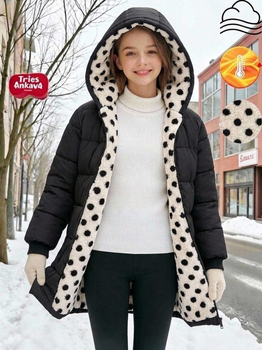 SHEIN 1pc Tween Girl Mid-Length Long Sleeve Cotton Padded Coat With Fleece Lining, Comfortable And Warm, Solid Black, Simple Loose Fit, Practical Pockets, Elastic Cuffs, Classic Polka Dot Pattern Accents, Versatile And All-Match