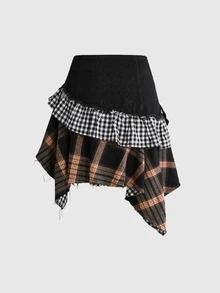 Sweetness Women's Plaid Patchwork Casual Daily Denim Mini Skirt - Multicolor - View 2
