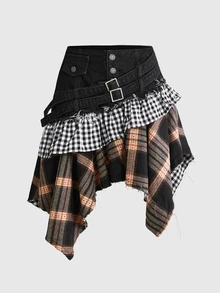 Sweetness Women's Plaid Patchwork Casual Daily Denim Mini Skirt - Multicolor - View 1