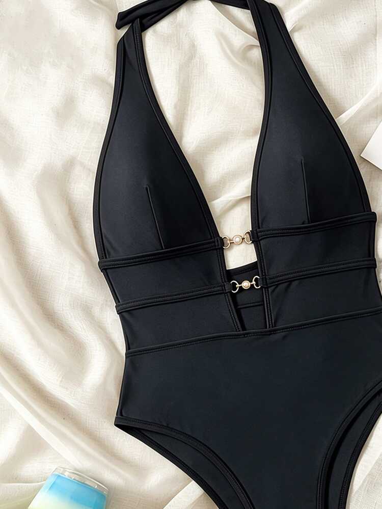 SHEIN Swim Spring Break Sexy V-Neck Halter Backless One-Piece Swimsuit For Women, Black, Festival Boho Style - Black - View 5