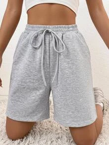 SHEIN EZwear 女款純色抽繩腰休閒日常短褲 - 淺灰色 - 查看 5