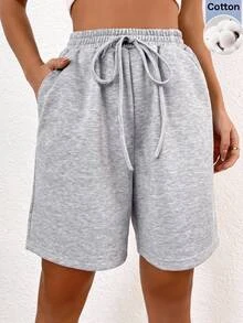 SHEIN EZwear 女款純色抽繩腰休閒日常短褲 - 淺灰色 - 查看 4