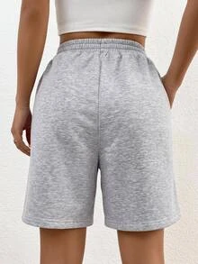 SHEIN EZwear 女款純色抽繩腰休閒日常短褲 - 淺灰色 - 查看 2