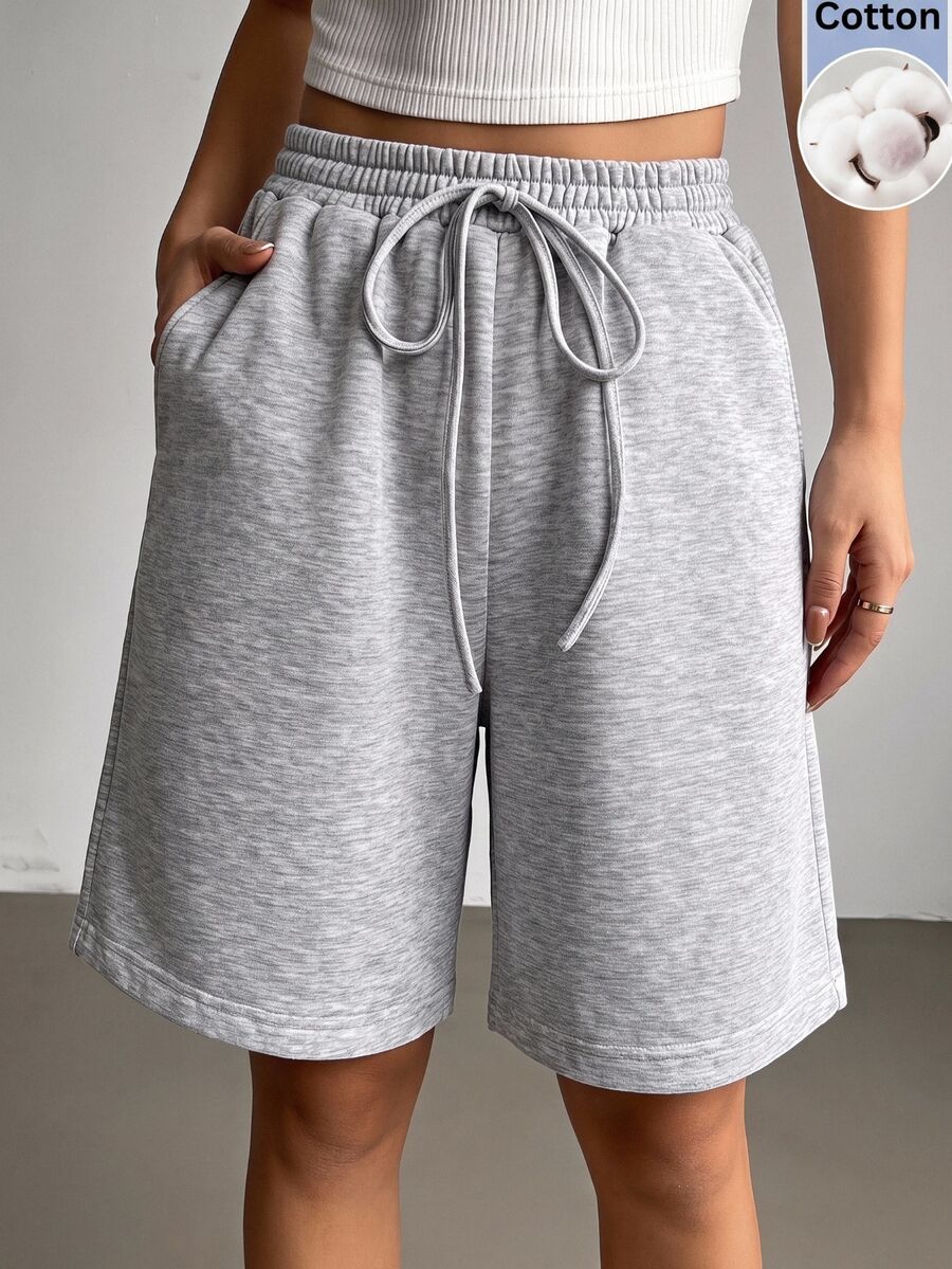 SHEIN EZwear 女款純色抽繩腰休閒日常短褲 - 淺灰色 - 查看 1