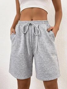 SHEIN EZwear 女款純色抽繩腰休閒日常短褲 - 淺灰色 - 查看 3