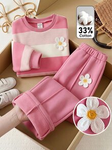 SHEIN Kids Young Girl 3D Floral Decor Striped Long Sleeve Sweatshirt And Sweatpants Casual Set Pink Winter Tops Fall Clothes - Pink - View 1