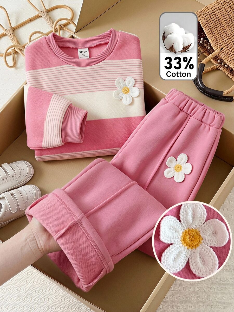 SHEIN Kids Young Girl 3D Floral Decor Striped Long Sleeve Sweatshirt And Sweatpants Casual Set Pink Winter Tops Fall Clothes - Pink - View 1