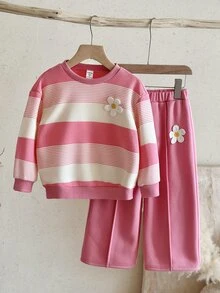 SHEIN Kids Young Girl 3D Floral Decor Striped Long Sleeve Sweatshirt And Sweatpants Casual Set Pink Winter Tops Fall Clothes - Pink - View 6
