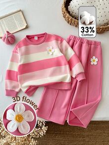 SHEIN Kids Young Girl 3D Floral Decor Striped Long Sleeve Sweatshirt And Sweatpants Casual Set Pink Winter Tops Fall Clothes - Pink - View 2