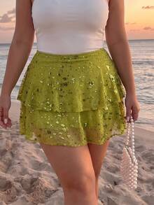 SHEIN MOD Plus Size Women's Sequin Ruffle Layered Mini Skirt, Shiny Party Nightclub A-Line Holographic Skirt - Green - View 1