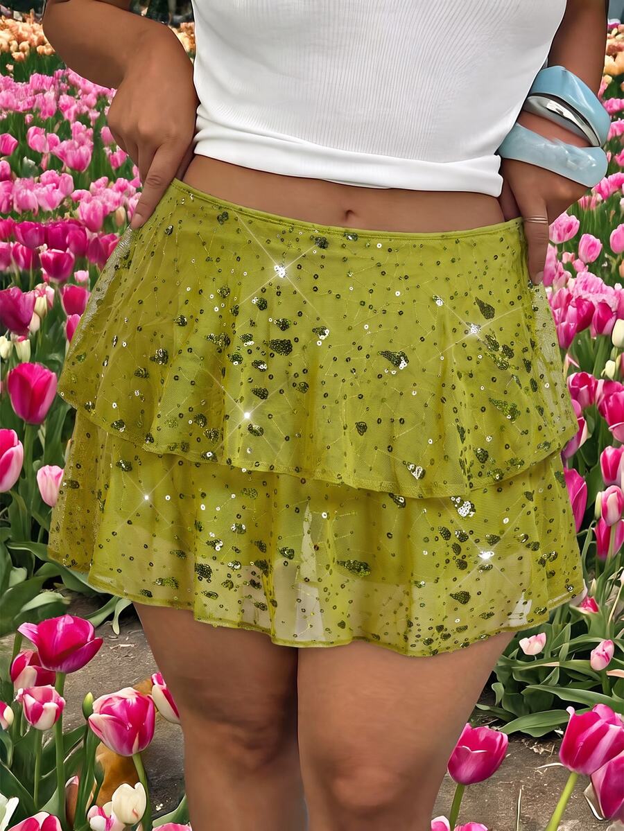 SHEIN MOD Plus Size Women's Sequin Ruffle Layered Mini Skirt, Shiny Party Nightclub A-Line Holographic Skirt - Green - View 1