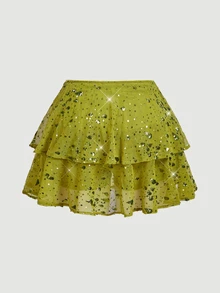SHEIN MOD Plus Size Women's Sequin Ruffle Layered Mini Skirt, Shiny Party Nightclub A-Line Holographic Skirt - Green - View 2