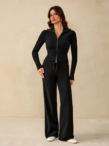 SHEIN Tall Women's Solid Color Zip-Up Hoodie And Pants Casual Daily Knit 2 Pieces Set - Black - View 3