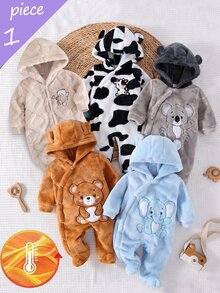 新生兒居家抓絨連身衣 秋季/ 粗針編織珊瑚絨連帽包腳睡衣 熊刺繡 米色 適合全家穿搭 可愛趣味 - 白色 - 查看 8