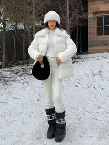 SHEIN EZwear 白色編織拉鍊前襟毛領休閒冬季夾克 - 杏色 - 查看 5