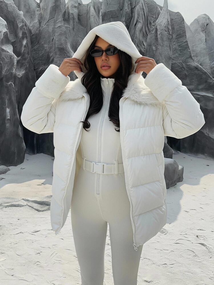 SHEIN EZwear White Woven Zipper Front Fur Collar Casual Winter Jacket - Apricot - View 8