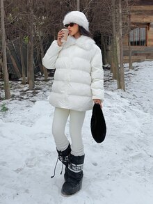 SHEIN EZwear 白色編織拉鍊前襟毛領休閒冬季夾克 - 杏色 - 查看 4