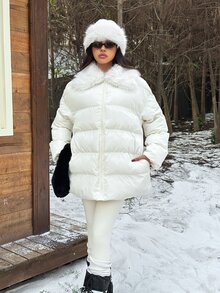 SHEIN EZwear 白色編織拉鍊前襟毛領休閒冬季夾克 - 杏色 - 查看 7