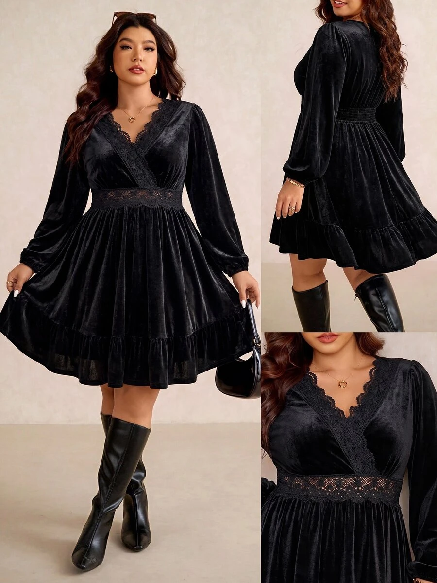 Elaquor Plus Size Women's Autumn Velvet Contrast Lace V-Neck Waist-Cinching Dress Fall/Winter Casual Black Dress For Women Casual Going Out Dress For Women - Black - View 1