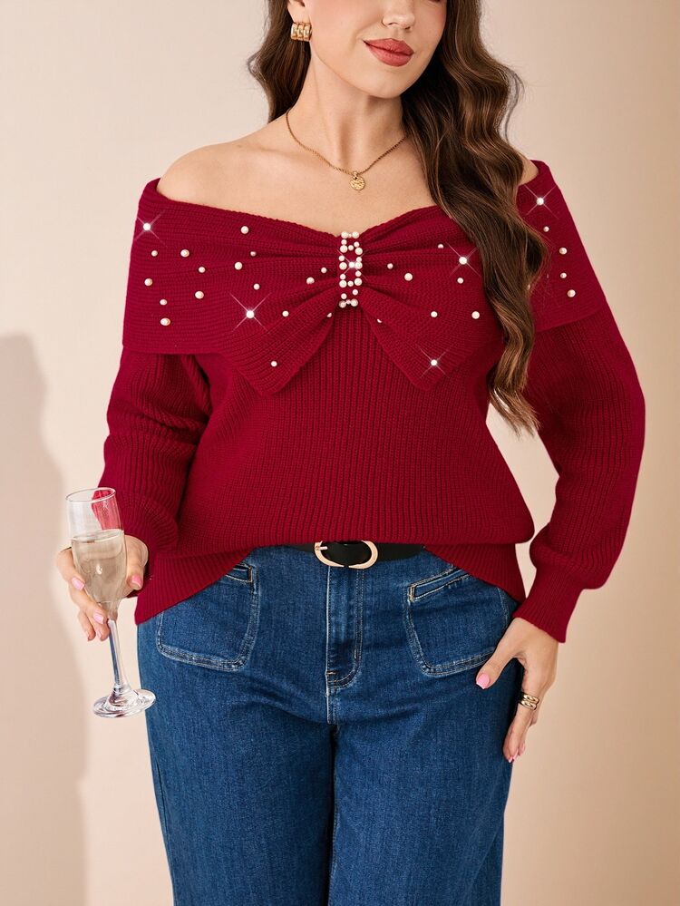 SHEIN LUNE Plus Size Women's Faux Pearl Decor Casual Everyday Cardigan Fall - Red - View 8