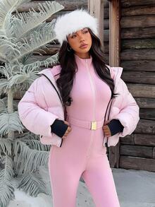 SHEIN EZwear 女款素色休閒百搭冬季連帽鋪棉外套 - 粉色 - 查看 1