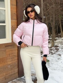 SHEIN EZwear 女款素色休閒百搭冬季連帽鋪棉外套 - 粉色 - 查看 6