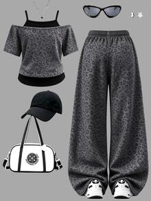 (1 Set) Tween Girls Casual Minimalist NYC Charcoal Leopard Print 2 In 1 Off-Shoulder Camisole Short Sleeve T-Shirt With Wide Leg Pants - Multicolor - View 2
