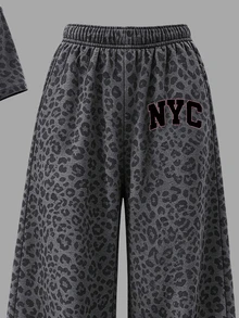 (1 Set) Tween Girls Casual Minimalist NYC Charcoal Leopard Print 2 In 1 Off-Shoulder Camisole Short Sleeve T-Shirt With Wide Leg Pants - Multicolor - View 4