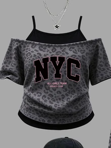 (1 Set) Tween Girls Casual Minimalist NYC Charcoal Leopard Print 2 In 1 Off-Shoulder Camisole Short Sleeve T-Shirt With Wide Leg Pants - Multicolor - View 3