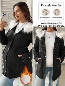 SHEIN 孕婦毛絨拼接休閒百搭冬季連帽加厚外套 秋冬外出穿著 鈕扣開襟 黑色 - 黑色 - 查看 1