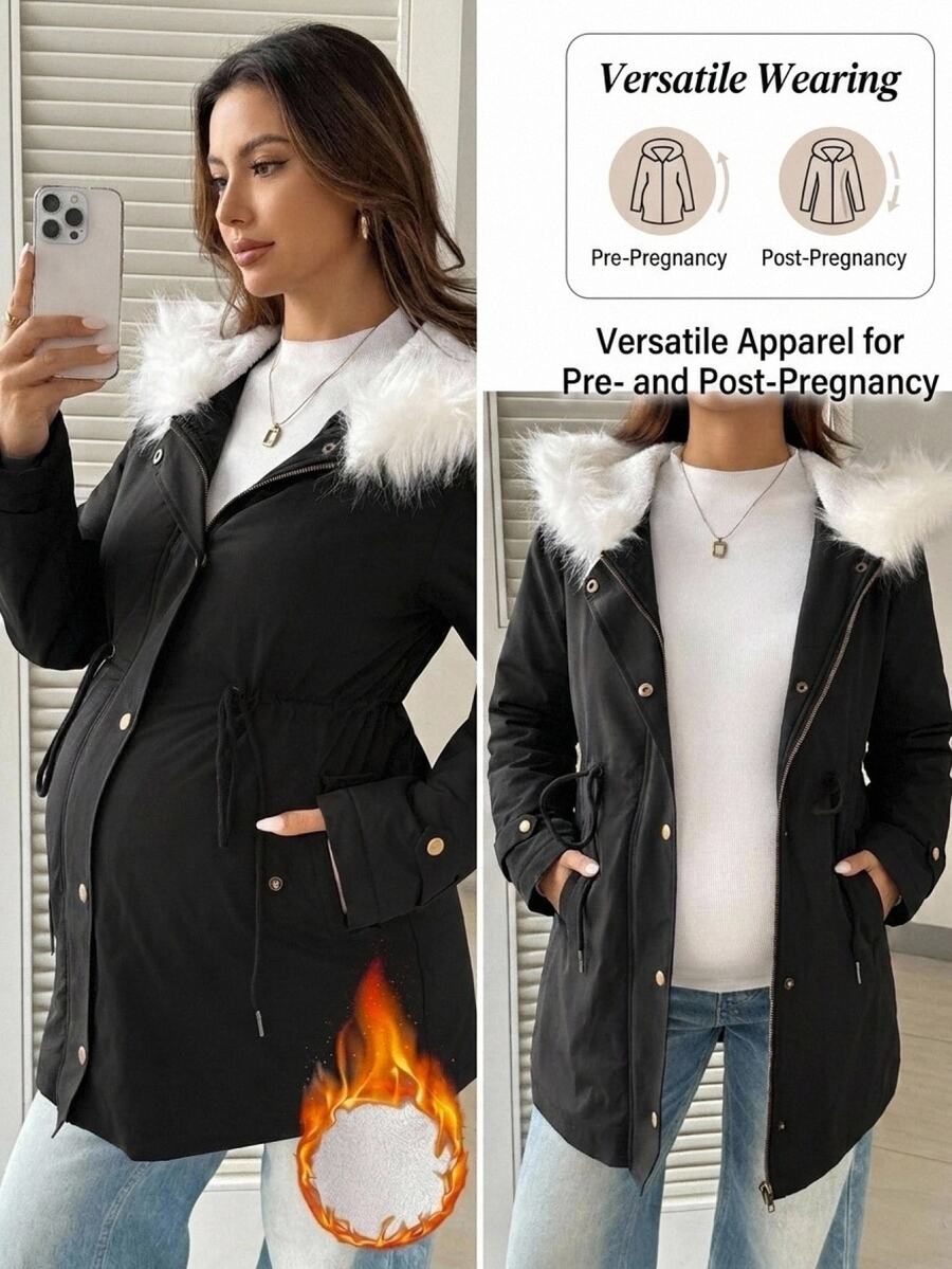 SHEIN 孕婦毛絨拼接休閒百搭冬季連帽加厚外套 秋冬外出穿著 鈕扣開襟 黑色 - 黑色 - 查看 1