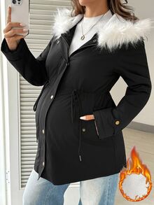 SHEIN 孕婦毛絨拼接休閒百搭冬季連帽加厚外套 秋冬外出穿著 鈕扣開襟 黑色 - 黑色 - 查看 7