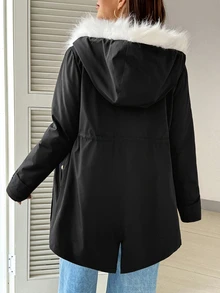 SHEIN 孕婦毛絨拼接休閒百搭冬季連帽加厚外套 秋冬外出穿著 鈕扣開襟 黑色 - 黑色 - 查看 2