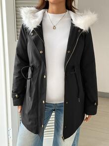 SHEIN 孕婦毛絨拼接休閒百搭冬季連帽加厚外套 秋冬外出穿著 鈕扣開襟 黑色 - 黑色 - 查看 4