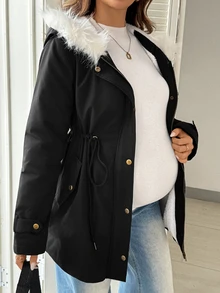 SHEIN 孕婦毛絨拼接休閒百搭冬季連帽加厚外套 秋冬外出穿著 鈕扣開襟 黑色 - 黑色 - 查看 3