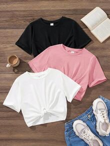 SHEIN Tween Girl Knitted Plain Round Neck Cropped Twisted Casual T-Shirt 3-Pack, School, Campus, College - Baby Pink - View 4