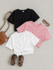SHEIN Tween Girl Knitted Plain Round Neck Cropped Twisted Casual T-Shirt 3-Pack, School, Campus, College - Baby Pink - View 1