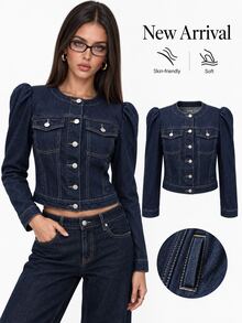 Sweetra Deep Navy Washed Petal Sleeve Cropped Denim Jacket, Round Collar, Single-Breasted, Flap Chest Pockets, Sweet Casual Versatile Short Denim Jacket - Dark Wash - View 6