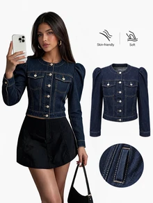 Sweetra Deep Navy Washed Petal Sleeve Cropped Denim Jacket, Round Collar, Single-Breasted, Flap Chest Pockets, Sweet Casual Versatile Short Denim Jacket - Dark Wash - View 1