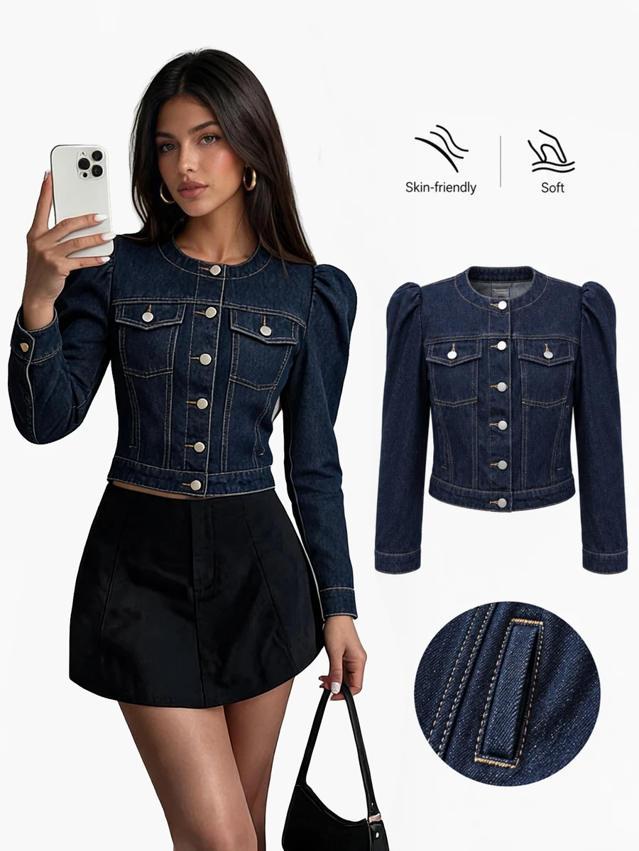 Sweetra Deep Navy Washed Petal Sleeve Cropped Denim Jacket, Round Collar, Single-Breasted, Flap Chest Pockets, Sweet Casual Versatile Short Denim Jacket - Dark Wash - View 1
