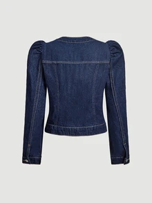 Sweetra Deep Navy Washed Petal Sleeve Cropped Denim Jacket, Round Collar, Single-Breasted, Flap Chest Pockets, Sweet Casual Versatile Short Denim Jacket - Dark Wash - View 3