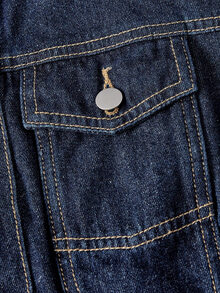 Sweetra Deep Navy Washed Petal Sleeve Cropped Denim Jacket, Round Collar, Single-Breasted, Flap Chest Pockets, Sweet Casual Versatile Short Denim Jacket - Dark Wash - View 4