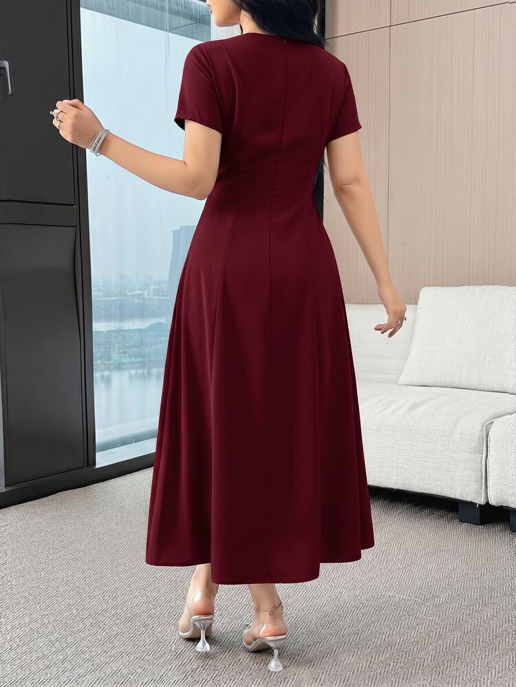 Feyla Women's Elegant Bowknot Decor Waist Cinched Solid Color Dress, Summer,Dresses For Women Summer - Burgundy - View 3
