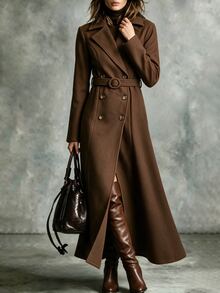 SHEIN British Vintage Waist Tie Wool Long Coat Slim Fit Knee Length Double Breasted Versatile Trench Coat - Brown - View 3
